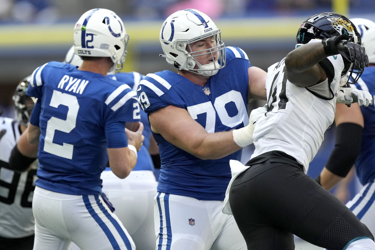 Oct 16, 2022; Indianapolis, Indiana, USA; Indianapolis Colts offensive tackle Bernhard Raimann (79) blocks Jacksonville Jaguars linebacker Josh Allen (41) during the first half at Lucas Oil Stadium.